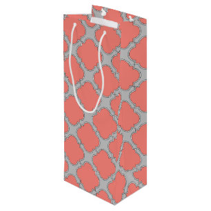 Quatrefoil coral and grey wine gift bag