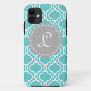 Quatrefoil Custom Monogram in Blue and Grey iPhone 11 Case