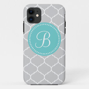 Quatrefoil Custom Monogram in Grey and Turquoise iPhone 11 Case
