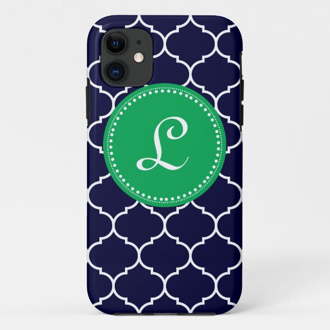 Quatrefoil Custom Monogram in Navy and Kelly Green Case-Mate iPhone Case (Back)