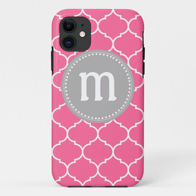 Quatrefoil Custom Monogram in Pink and Grey Case-Mate iPhone Case (Back)