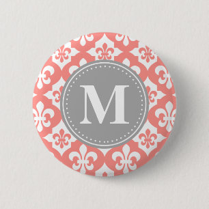 Quatrefoil Fleur-De-Lis Coral Pink Grey Monogram 6 Cm Round Badge