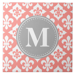 Quatrefoil Fleur-De-Lis Coral Pink Grey Monogram Ceramic Tile