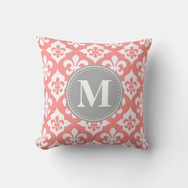 Quatrefoil Fleur-De-Lis Coral Pink Grey Monogram Cushion (Front)