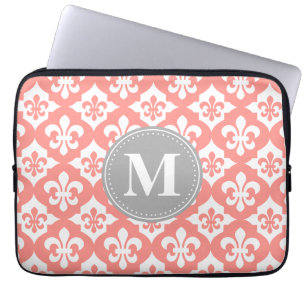 Quatrefoil Fleur-De-Lis Coral Pink Grey Monogram Laptop Sleeve
