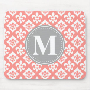 Quatrefoil Fleur-De-Lis Coral Pink Grey Monogram Mouse Pad