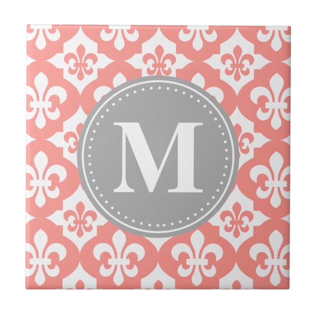 Quatrefoil Fleur-De-Lis Coral Pink Grey Monogram Tile (Front)