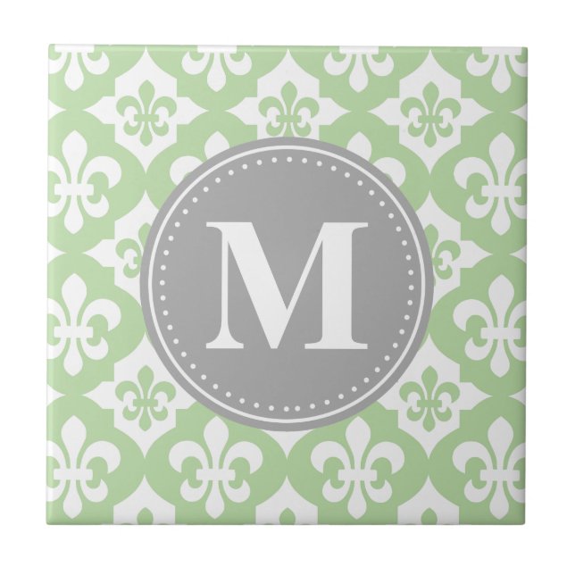 Quatrefoil Fleur-De-Lis Mint Green Grey Monogram Ceramic Tile (Front)