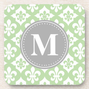 Quatrefoil Fleur-De-Lis Mint Green Grey Monogram Coaster