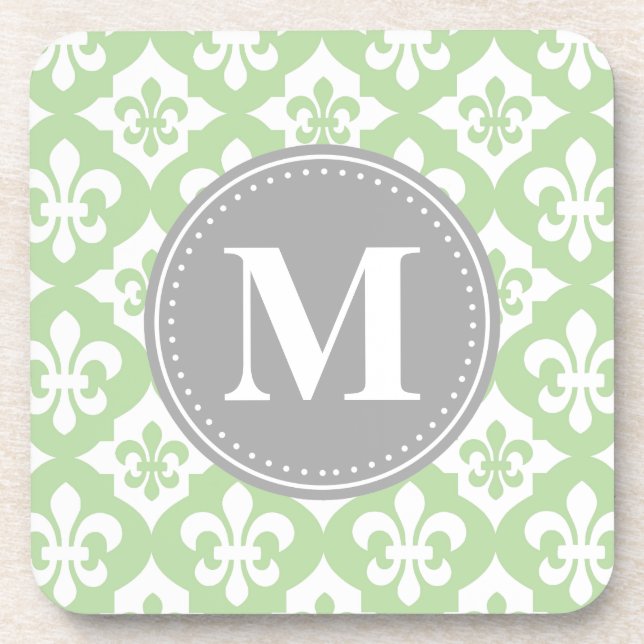 Quatrefoil Fleur-De-Lis Mint Green Grey Monogram Coaster (Front)