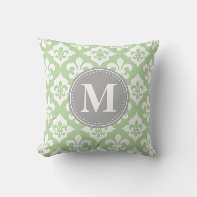 Quatrefoil Fleur-De-Lis Mint Green Grey Monogram Cushion (Front)