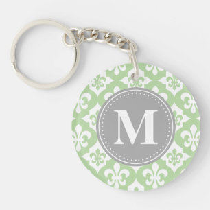 Quatrefoil Fleur-De-Lis Mint Green Grey Monogram Key Ring