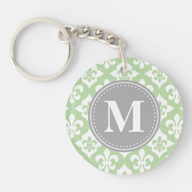 Quatrefoil Fleur-De-Lis Mint Green Grey Monogram Key Ring (Front)