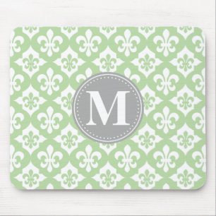 Quatrefoil Fleur-De-Lis Mint Green Grey Monogram Mouse Pad