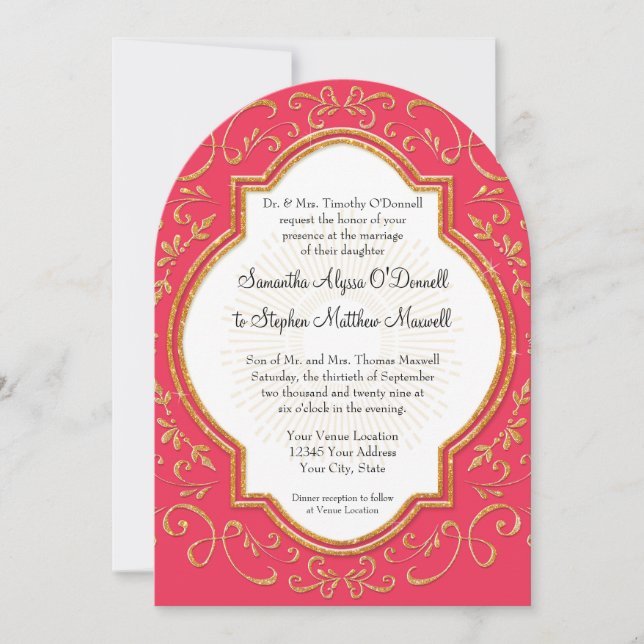 Quatrefoil Frame Script Swirl Gold Glitter Formal Invitation (Front)
