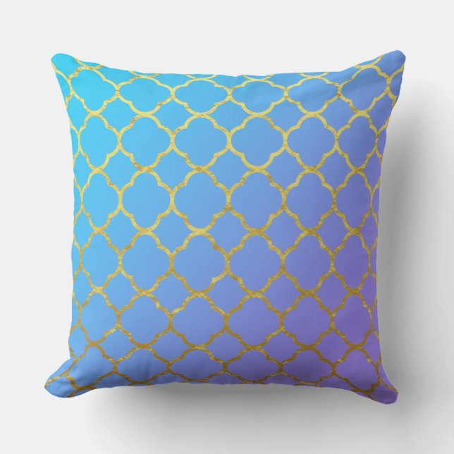 Quatrefoil Gold Foil Patterns Blue Ombre Sparkly Cushion (Front)