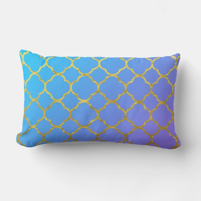 Quatrefoil Gold Foil Patterns Blue Ombre Sparkly Lumbar Cushion (Front)