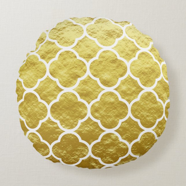 Quatrefoil Gold Foil Patterns Golden White Elegant Round Cushion (Front)