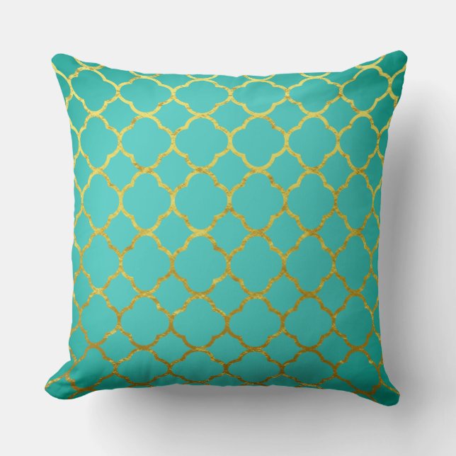 Quatrefoil Gold Patterns Teal Blue Seafoam Lattice Cushion (Front)