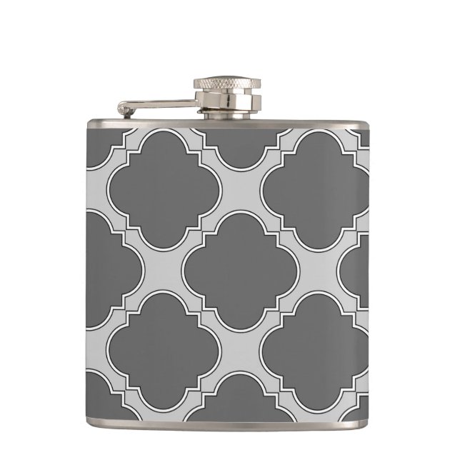 Quatrefoil in shades of grey hip flask (Front)