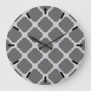 Quatrefoil in shades of grey large clock