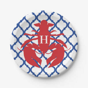 Quatrefoil Lobster Monogram Party Plates