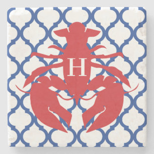 Quatrefoil Lobster Monogram Stone Coasters