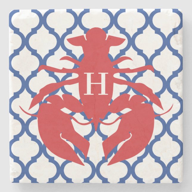 Quatrefoil Lobster Monogram Stone Coasters (Front)