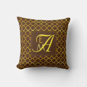 Quatrefoil MONOGRAM Brown Gold Newlyweds Wedding Cushion