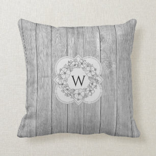 Quatrefoil Monogram Floral Wreath Grey Wood Grain Cushion