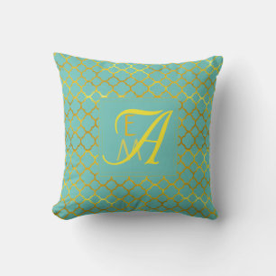 Quatrefoil MONOGRAM Turquoise Gold Wedding Gift Cushion