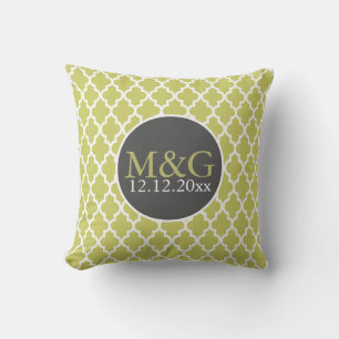 Quatrefoil Monogrammed Wedding Green and White Cushion