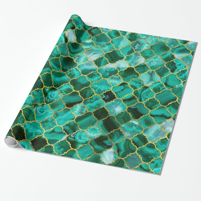Quatrefoil Moroccan Pattern Green Malachite Wrapping Paper (Unrolled)