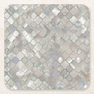 Quatrefoil Moroccan Pattern Mother of Pearl Square Paper Coaster