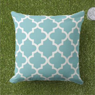 Quatrefoil Pattern Aqua Blue and White Outdoor Cushion