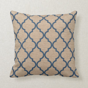 Quatrefoil Pattern Denim Blue and Tan Cushion