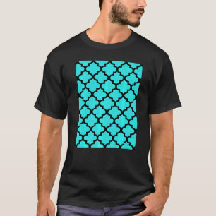 Quatrefoil Pattern In Black Outline On Aqua Blue T-Shirt
