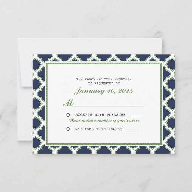 Quatrefoil Pattern Navy Blue & Green Wedding RSVP Card (Front)