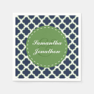 Quatrefoil Pattern Navy & Green Custom Wedding Napkin