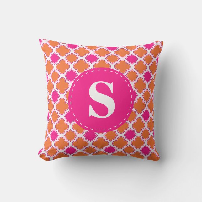 Quatrefoil Pattern Orange & Hot Pink with Monogram Cushion (Front)