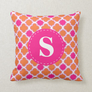 Quatrefoil Pattern Orange & Hot Pink with Monogram Cushion