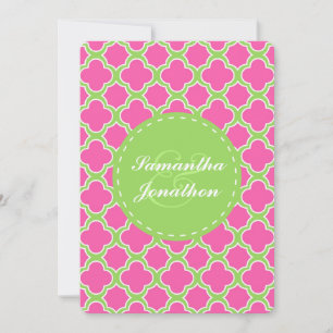 Quatrefoil Pattern Pink and Green Wedding Invite