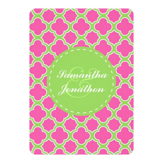 Quatrefoil Pattern Pink and Green Wedding Invite