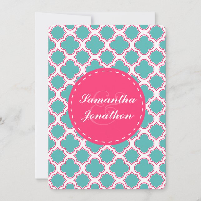Quatrefoil Pattern Turquoise & Hot Pink Wedding Invitation (Front)