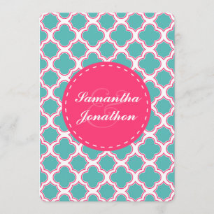 Quatrefoil Pattern Turquoise & Hot Pink Wedding Invitation