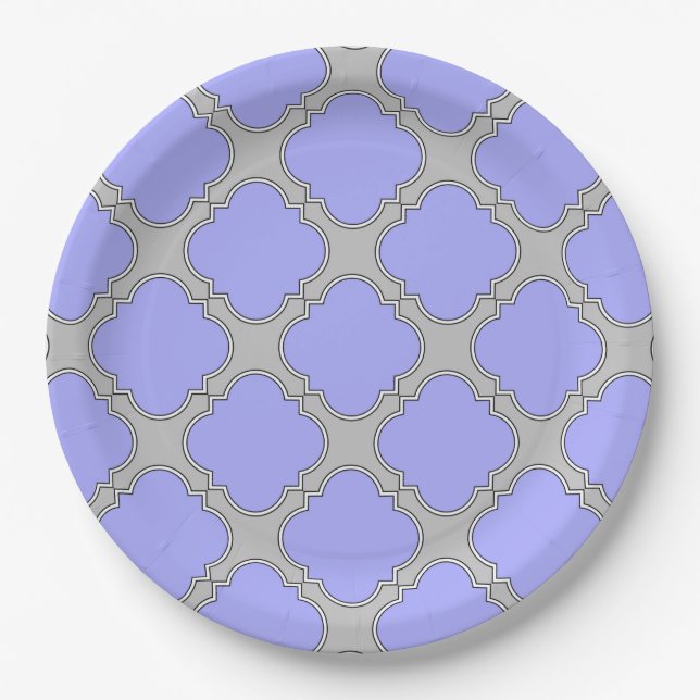 Quatrefoil periwinkle and grey paper plate (Front)