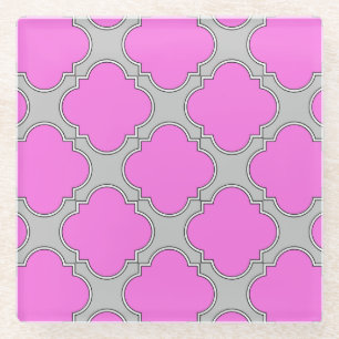 Quatrefoil pink and grey glass coaster