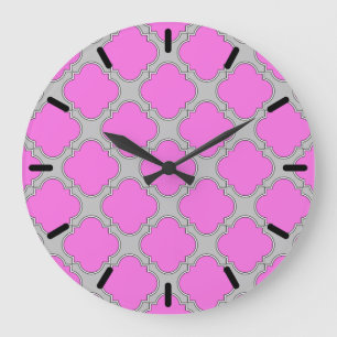 Quatrefoil pink and grey large clock