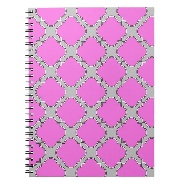 Quatrefoil pink and grey notebook (Front)