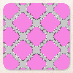Quatrefoil pink and grey square paper coaster